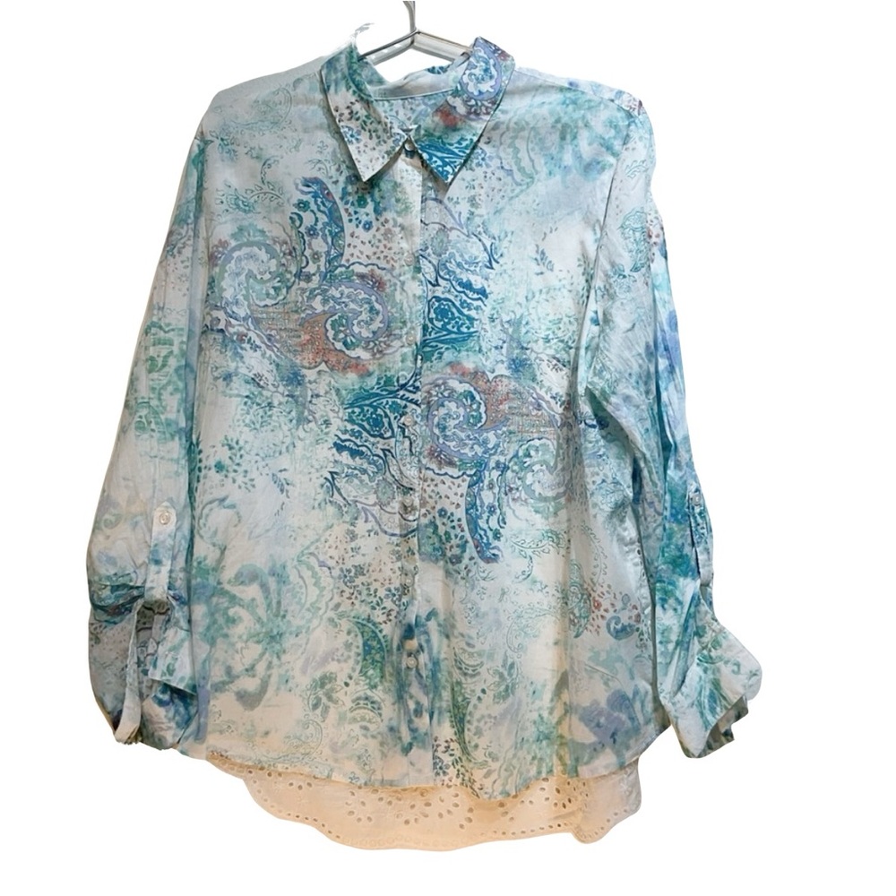 Chico's Blue Relaxed Button Down Shirt with Dress Collar And Eyelets Size 3